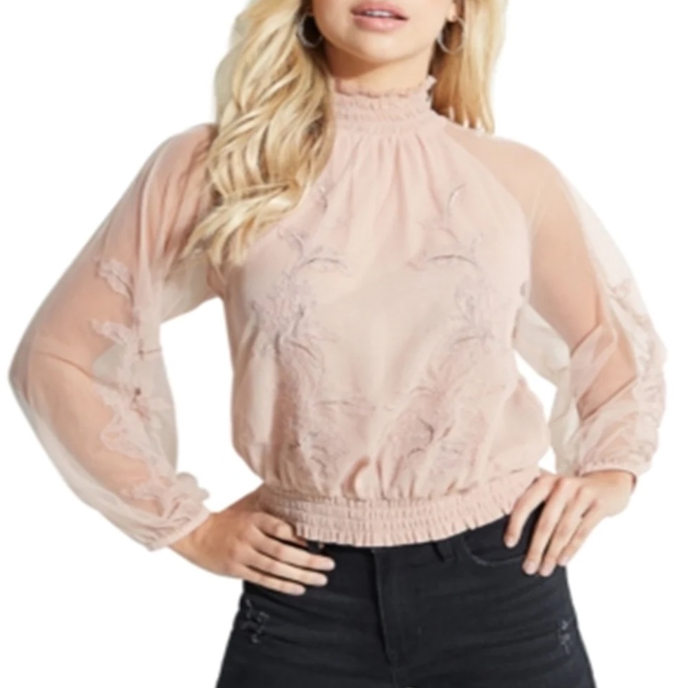 NWT GUESS‎ Women's Luissa Sheer Mock Neck Top Medium